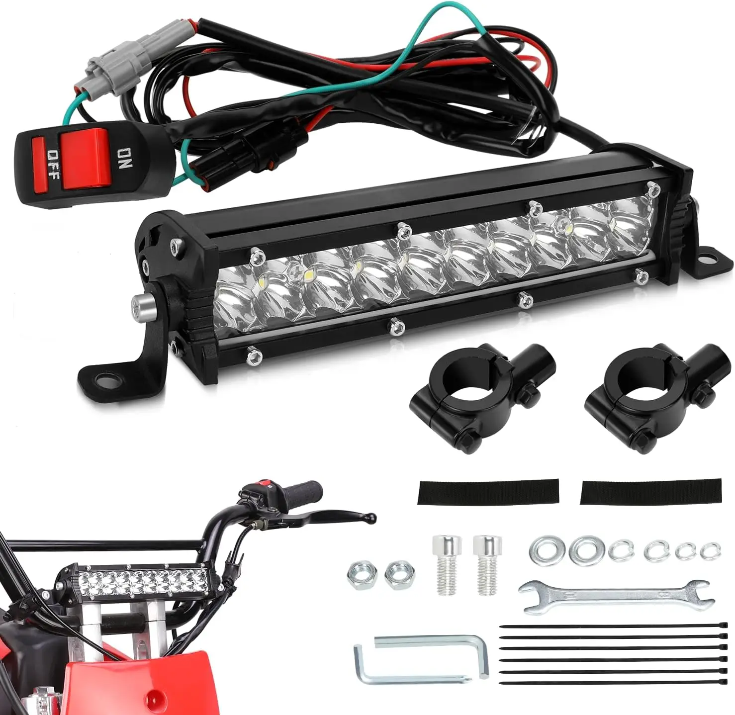 Universal Dirt Bike Light Bar Kit for 110cc 125cc Pit Bike CRF110 KLX110 TTR110 YZ125, 60W 2500LM Motorcycle LED Headlight