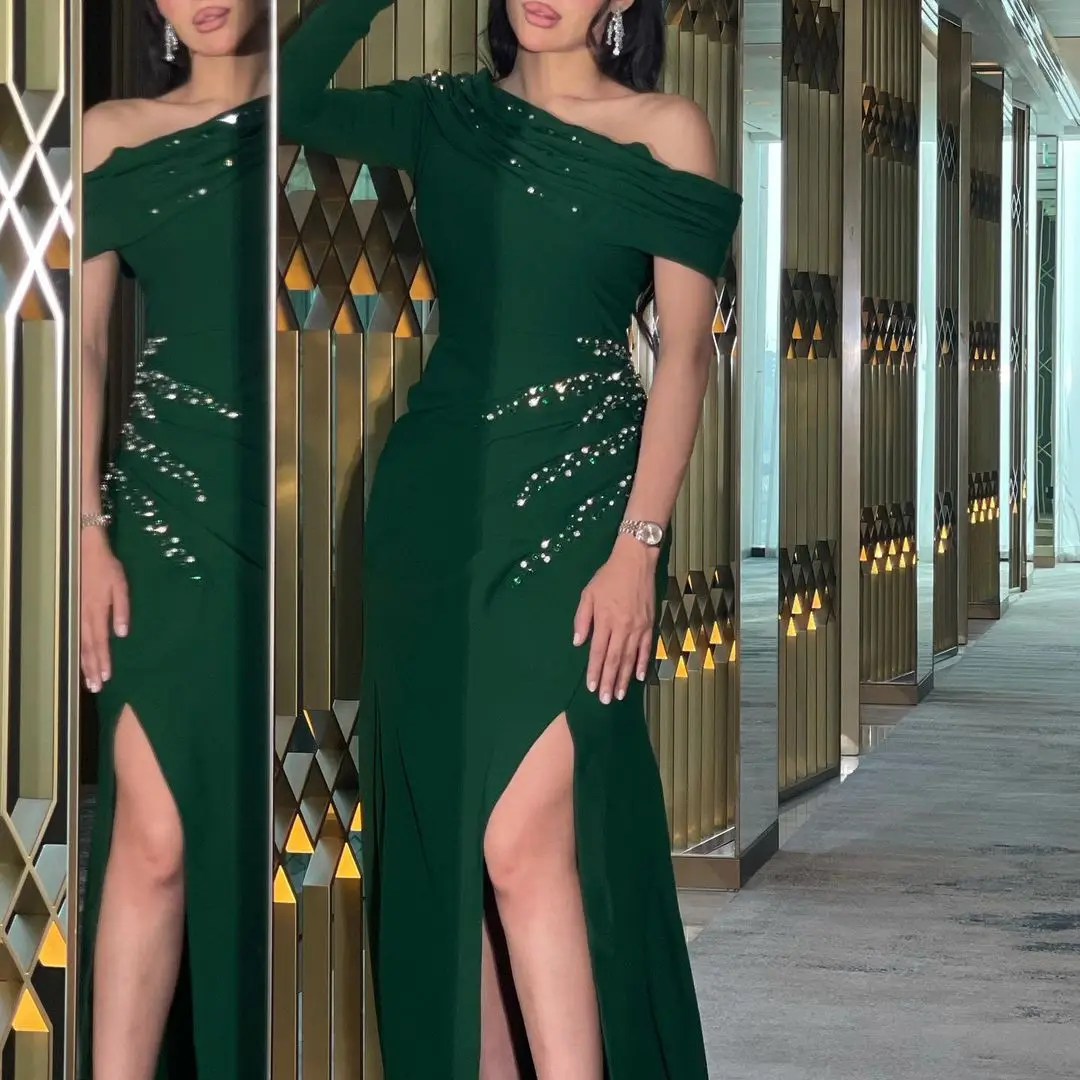 Vestidos De graduación De un hombro, cuentas De sirena divididas laterales, lentejuelas, largo hasta el suelo, Vestidos De noche formales para ocasiones, Verde