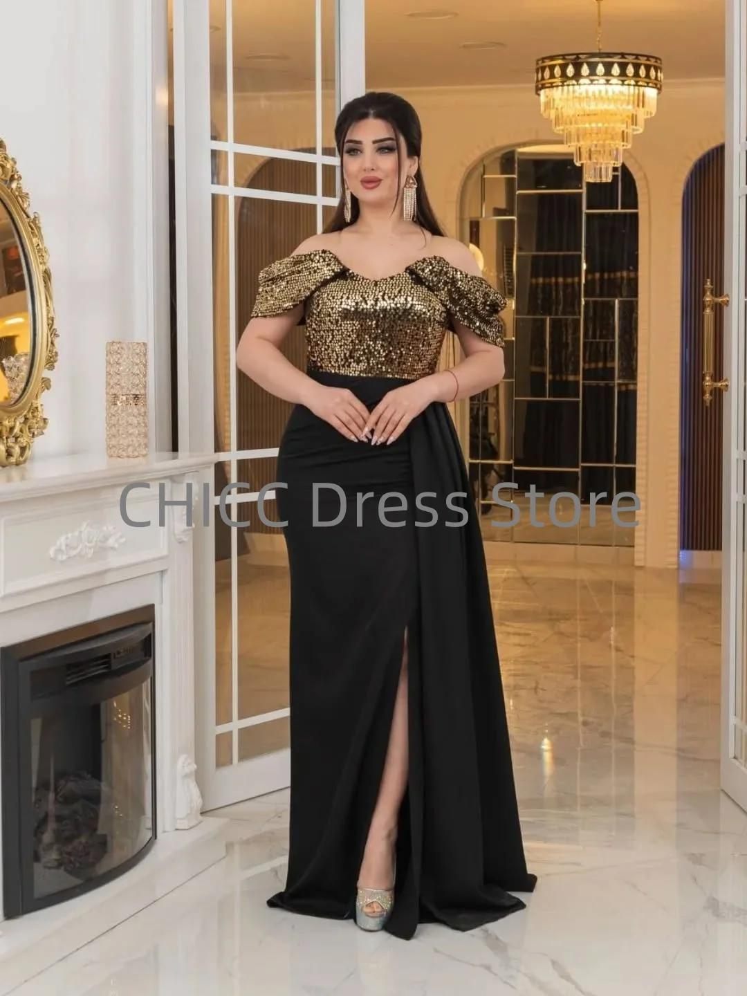 فساتين سهرة أنيقة مع ترتر بدون أكمام بدون حمالات سبليت للنساء فستان رسمي أسود حورية البحر للحفلات الراقصة حسب الطلب #3