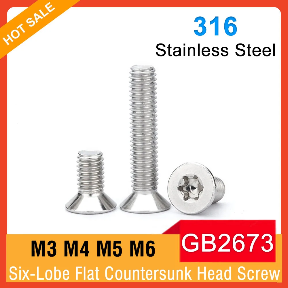 

30/50/100pcs GB2673 A4 M3 M4 M5 M6 M8 316 Stainless Steel Six-Lobe Torx Flat Countersunk Head Screw Bolt Length=6-30mm