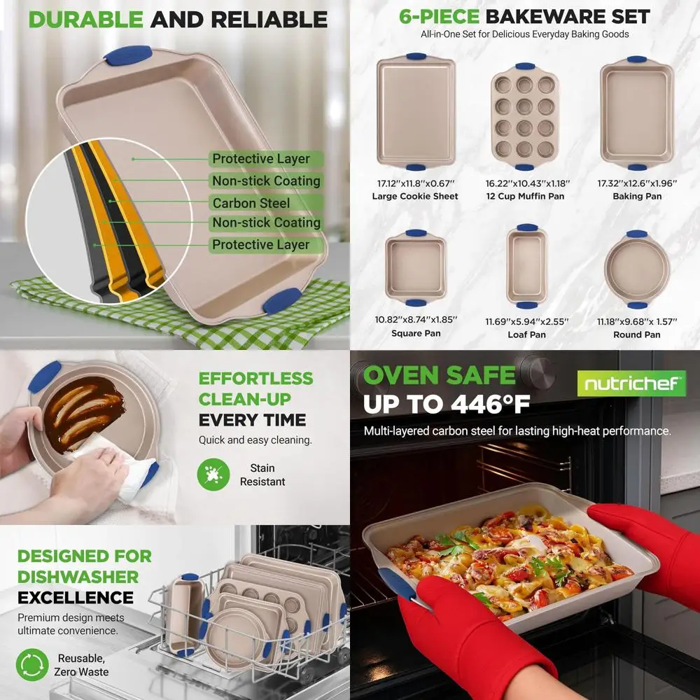 

Premium 6-Piece Nonstick Bakeware Set with Silicone Handles: Loaf, Muffin, Roaster, Cookie Sheets