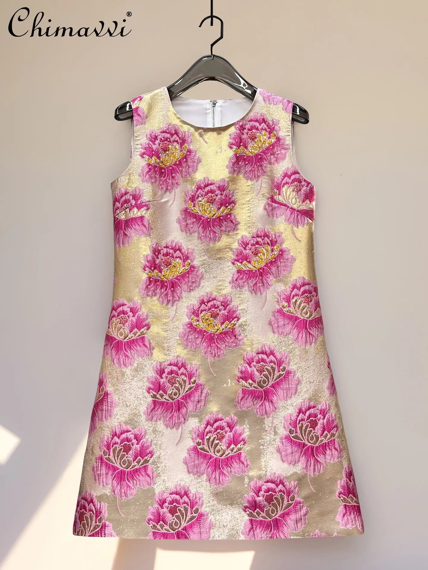 

French Elegant Fashion Socialite Heavy Industry Beading Sequin Round Neck Sleeveless High Waist A-line Summer Dress for Women