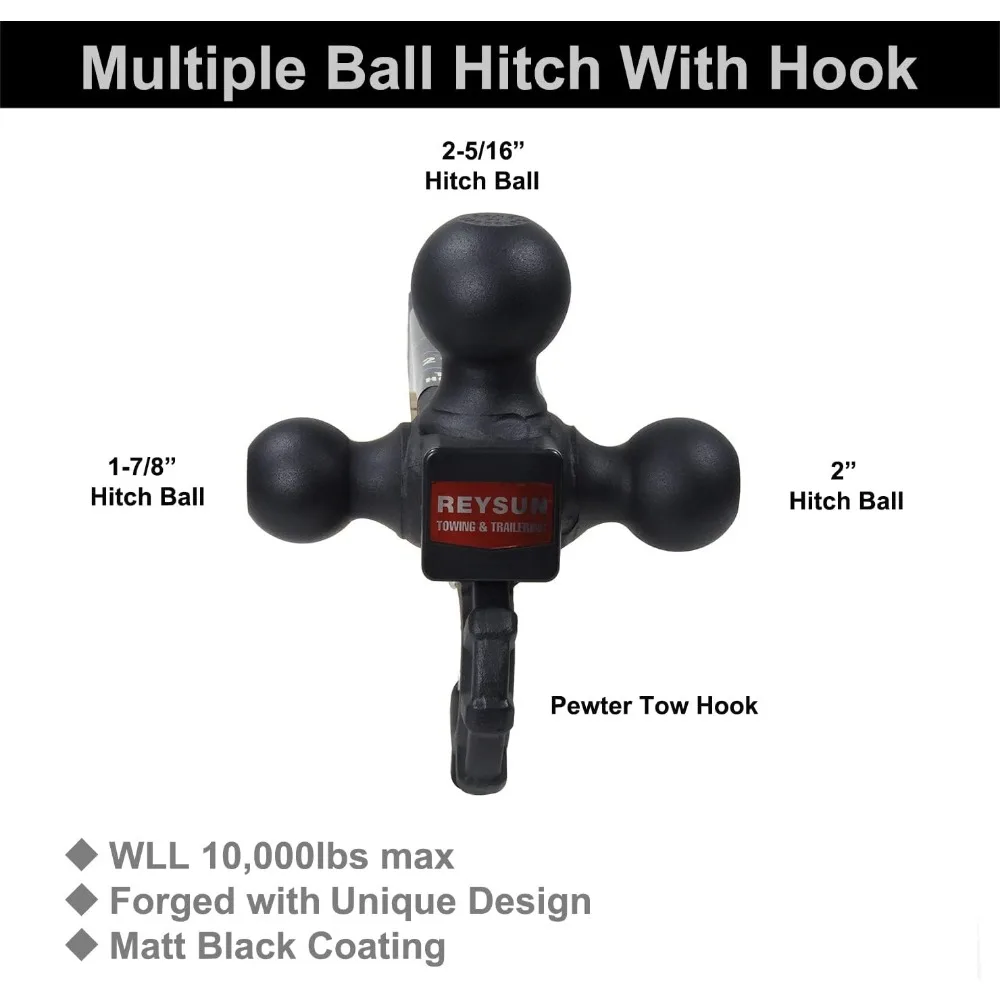 Enganche de remolque de tres bolas con gancho, compatible con receptor de 2 pulgadas, pestillo autoblocante, acabado en negro mate, incluye cerradura de 5/8 de pulgada