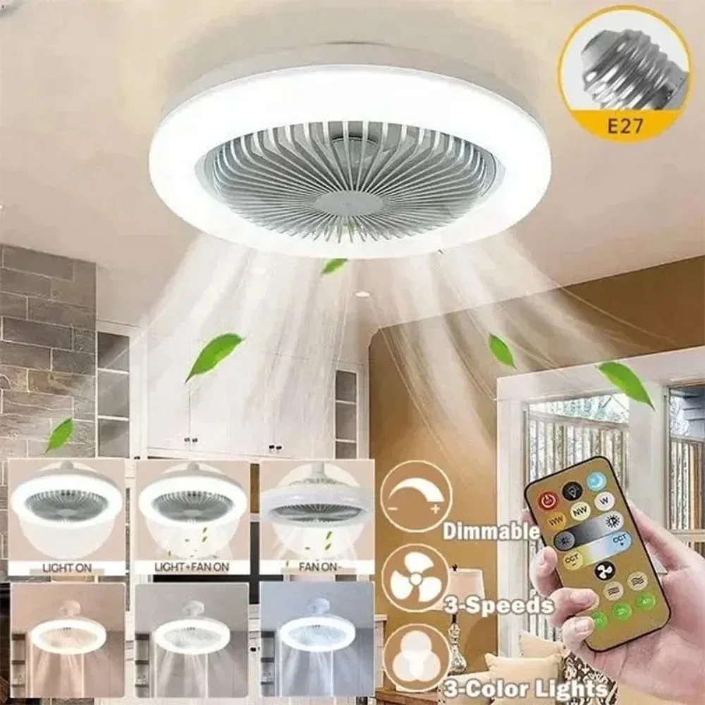 Ceiling Fans 3In1 Living Room Ceiling Fans with Remote Control and Light Ac85-265v LED Lamp Fan E27 Converter Base Smart Silent