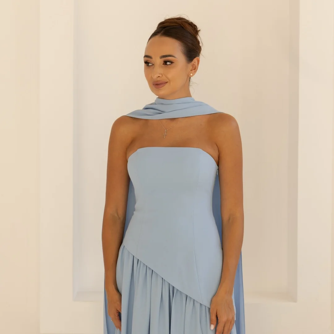 Mila Abito da donna con mantella senza spalline azzurro Abiti da ballo con orlo a fessura Abiti da sera formali personalizzati per invitati al matrimonio