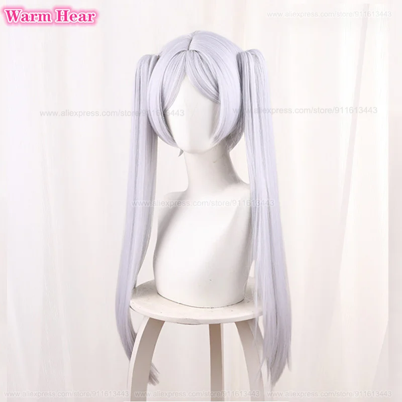 Anime Synthetic Hair Frieren Cosplay Wig 65cm Long Silver White Double Ponytails Wig With Ear Heat Resistant Fibre Wigs +Wig Cap