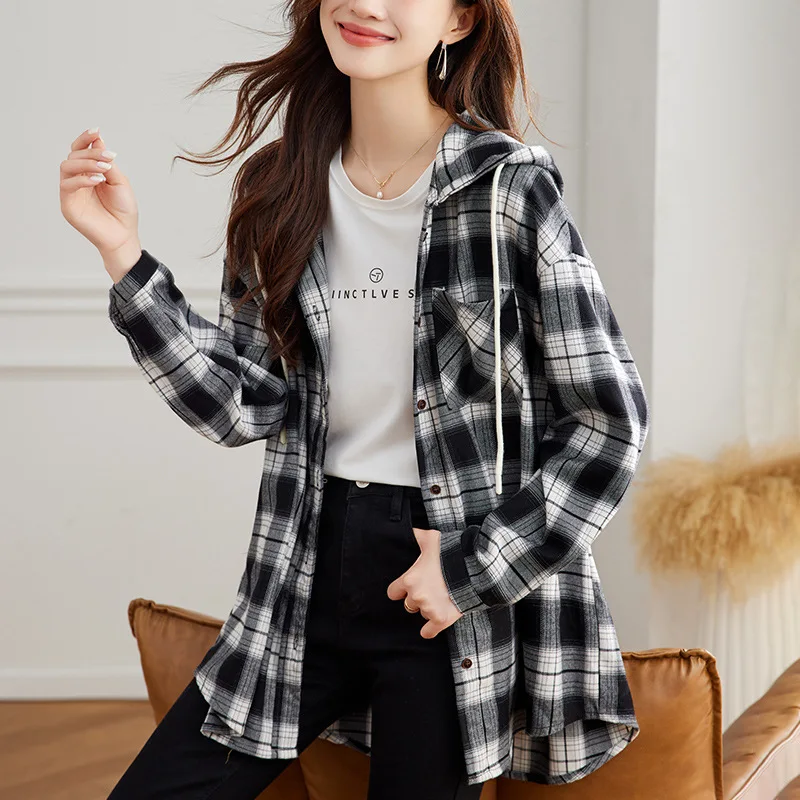 

Женская клетчатая рубашка с длинным рукавом и капюшоном в корейском стиле, из смесового хлопка, осенняя модная верхняя одежда для повседневной носки, свободного кроя