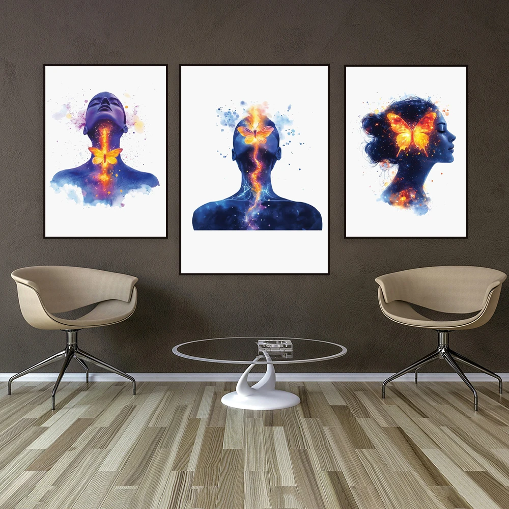 Speech therapy, audiology, thyroid anatomy watercolor illustration, butterfly gland, ENT office decoration poster, physiology