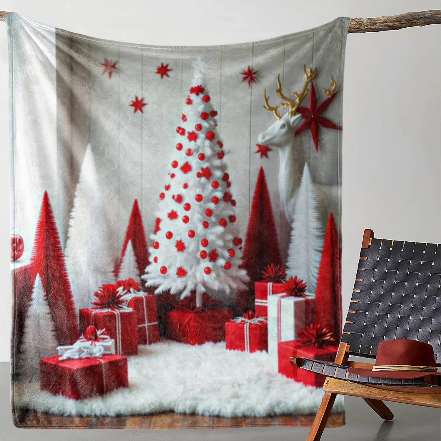 

1 шт. фланелевое одеяло Sdoo — красно-белая рождественская елка со снежной сосны, подарки и принтом оленя, мягкая теплая всесезонная уютная одеяло