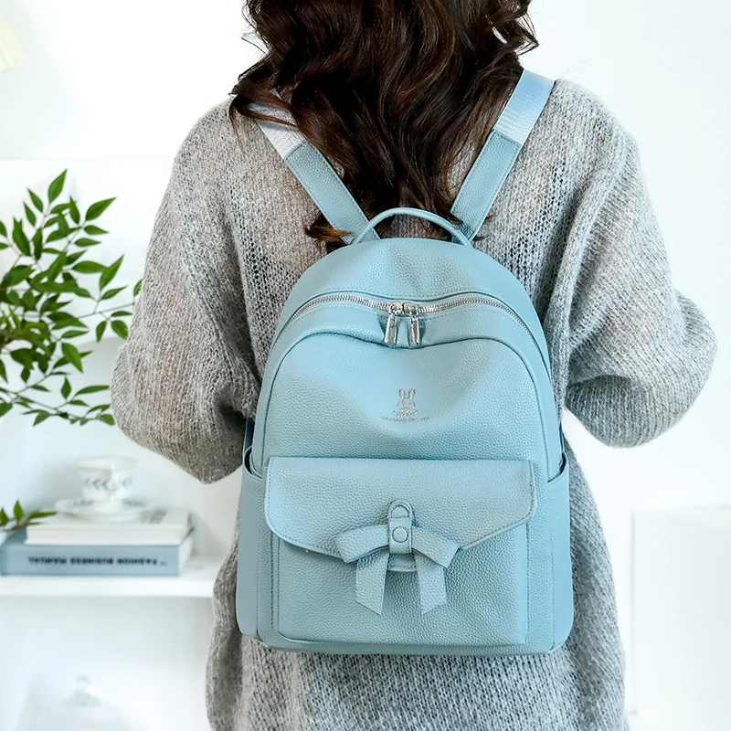 2025 autumn new large capacity women's backpack features bow design and simple and versatile soft PU schoolbag