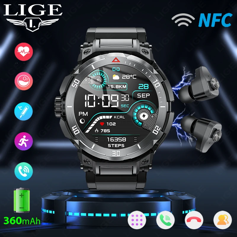 

LIGE Smart Watch Men TWS Earphone NFC Heart Rate Blood Pressure Monitor Smartwatch Bluetooth Call Military Quality Outdoor Reloj