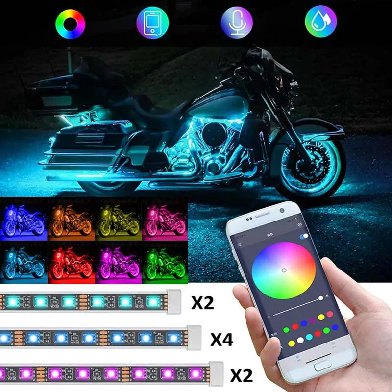 RGB APP Controle de Som Luzes LED para Motocicleta, Moto Backlight, Flexível Luz Decoração Impermeável, Neon Strip, Acessórios, 12V