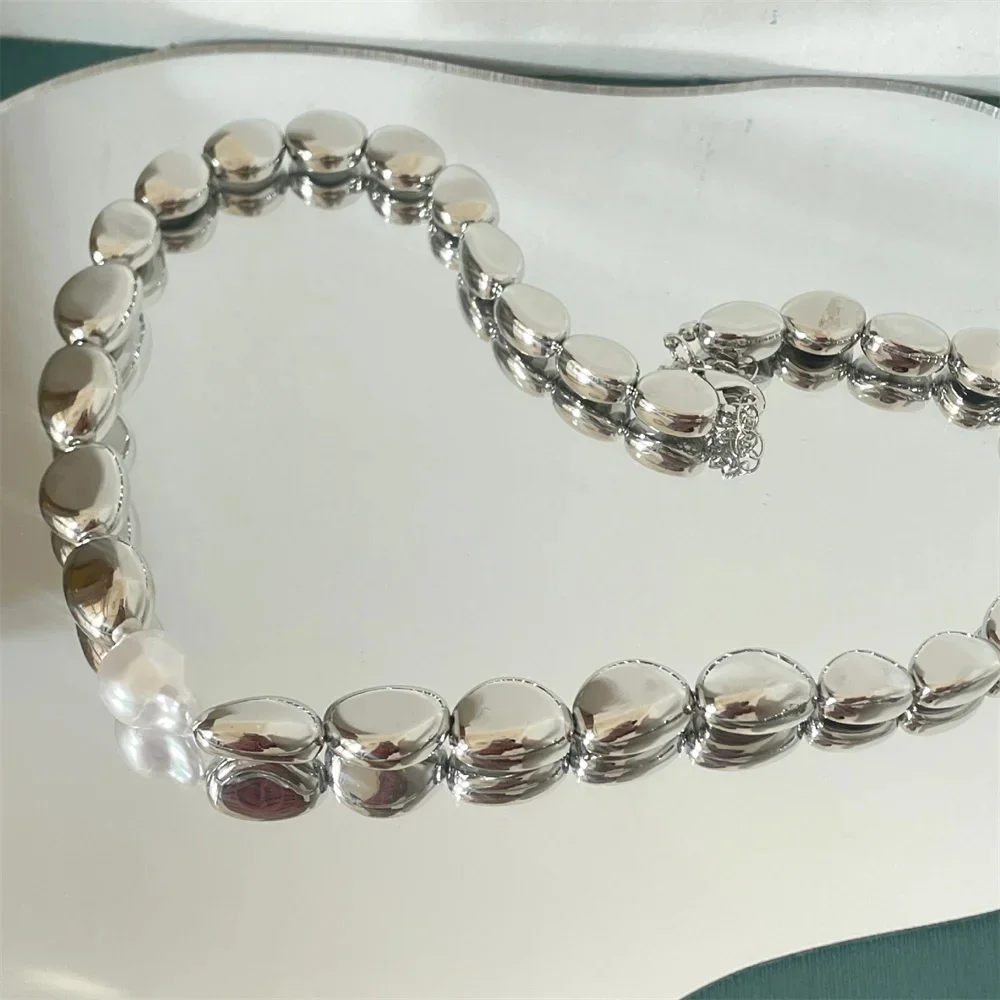 Vintage Silver-plate Geometric Exaggerated CCB Chain Necklace For Women Female Fashion Boho Artificial Pearl Y2K Jewelry Gift