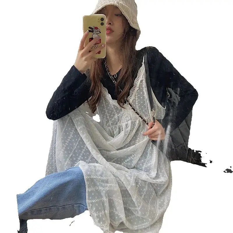 Sexy V Neck Sleeveless Mesh Spaghetti Strap Dress Women Sweet Lace Tank Dresses Ladies A Line Large Hem Long Overall Vestidos