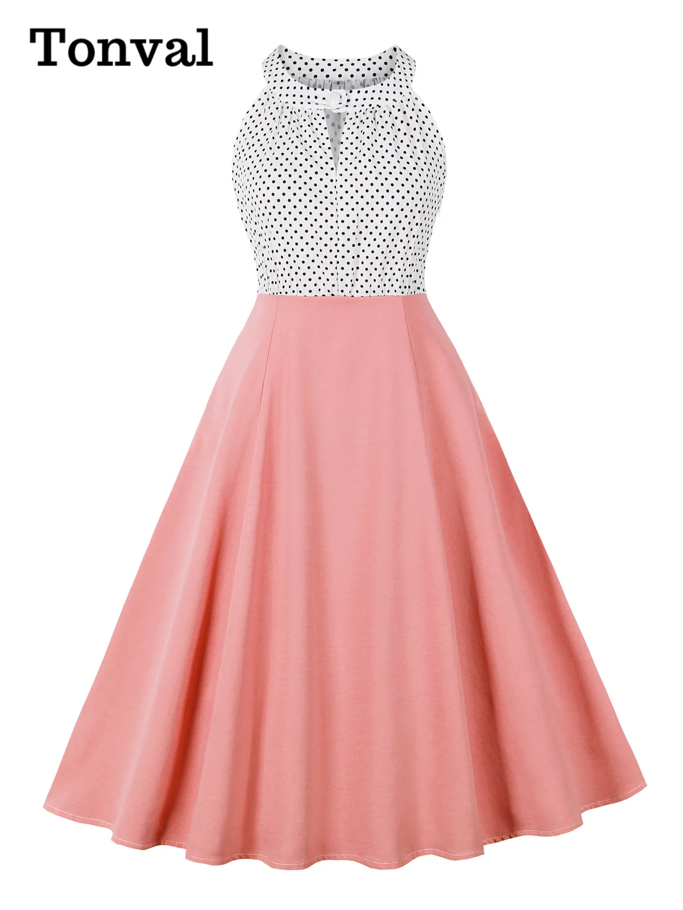 Tonval Neckholder Polka Dot und Rosa Midi-Sommerkleider 2025, Damen-Kleid mit Schlüsselloch-Vorderseite und hoher Taille, Vintage-Urlaubs-Partykleid