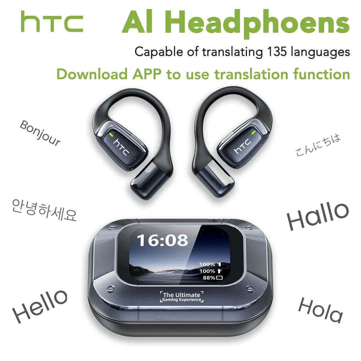 【KI-Übersetzer-Ohrhörer】HTC NE25 Bluetooth-Kopfhörer mit LCD-Touchscreen, kabellose Sportkopfhörer mit langer Akkulaufzeit und HD-Mikrofon – Detail 1