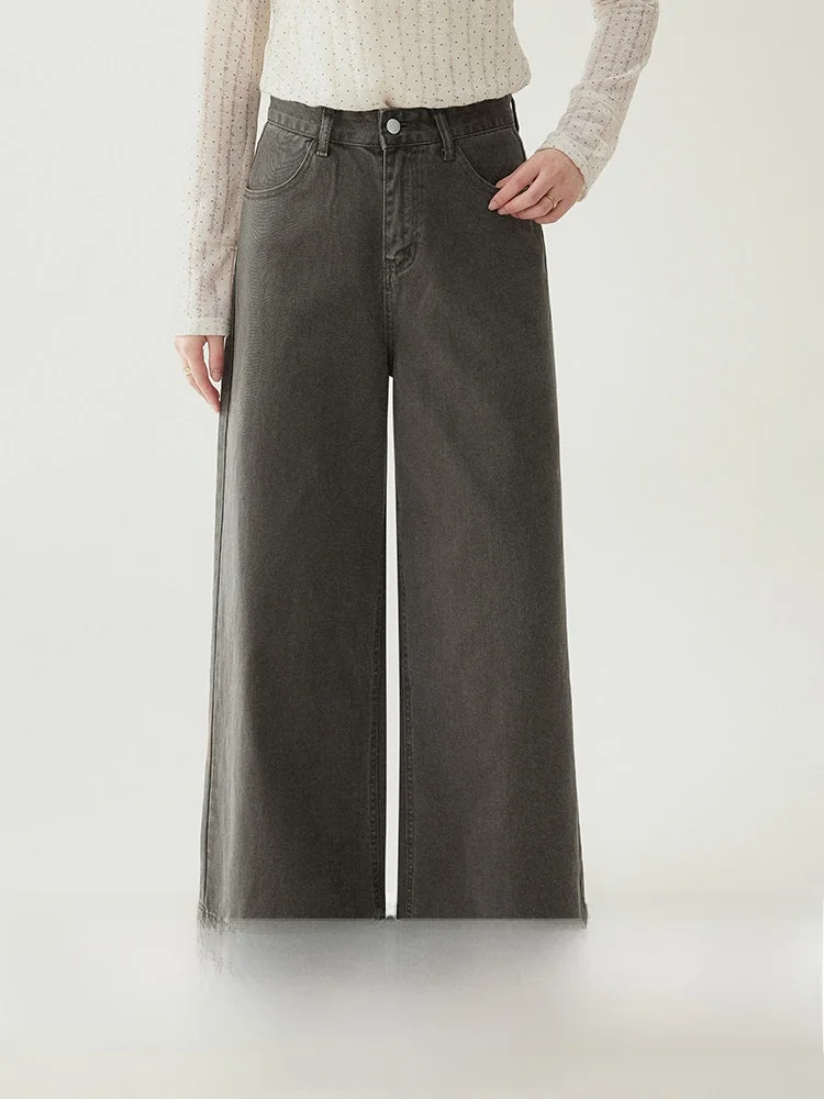 

Slimming High Waist Straight Leg Wide Leg Jeans Deep Grey Women's AMUU North Island Early Spring New Style Casual Long Pants