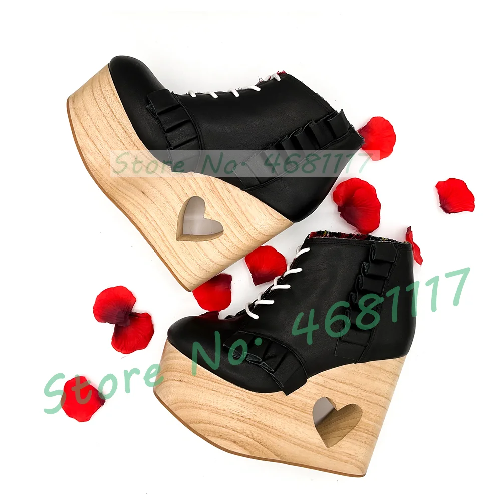 Heart-shaped Cutout Wooden Platform Ankle Boots Women Punk Ruffle Design Cross Tied Lolita Shoes Luxury Round Toe Wedges Booties
