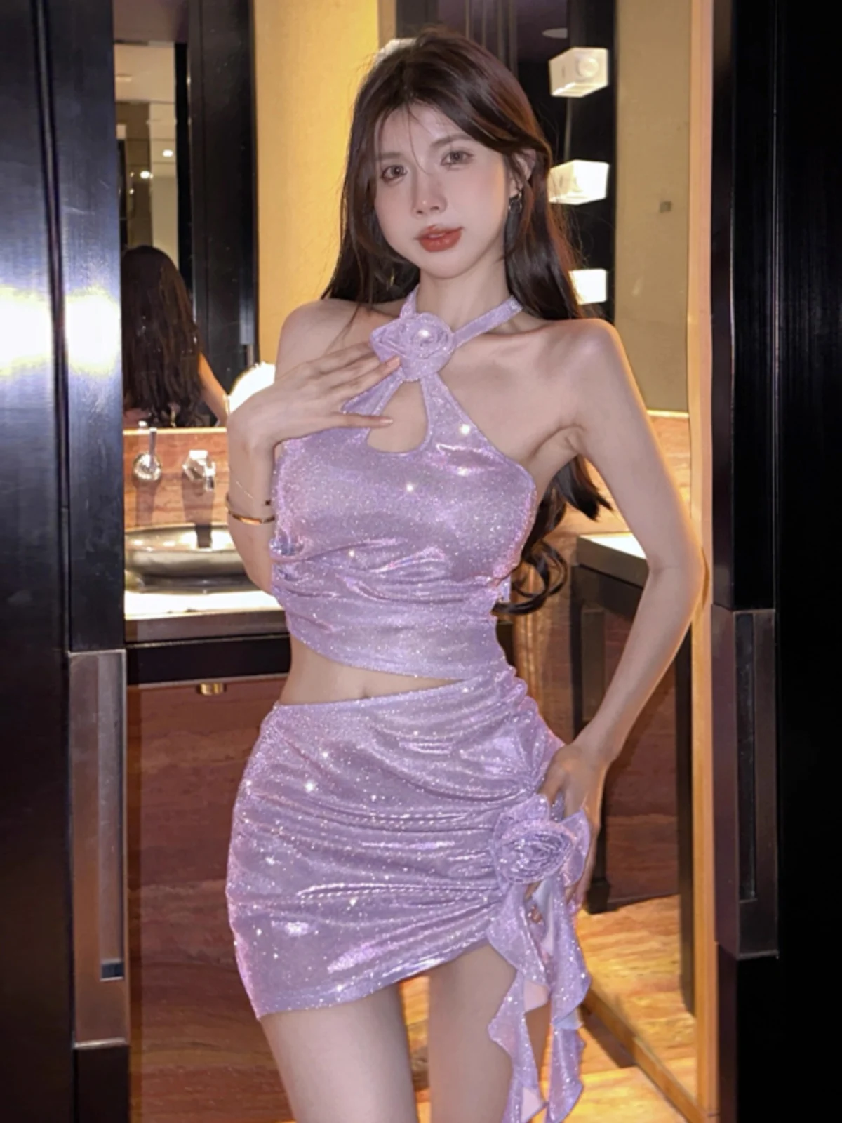 

Sexy Sweet Spicy Hollow out Backless Flashing Crop Top High Waist Halter Vest Two Piece Set with High Waist Skirt