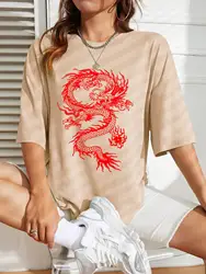 Creative Red Dragon Art Prints Women T-Shirt Summer Casual T Shirts Street Hip Hop Short Sleeve Breathable Comfortable T Shirt