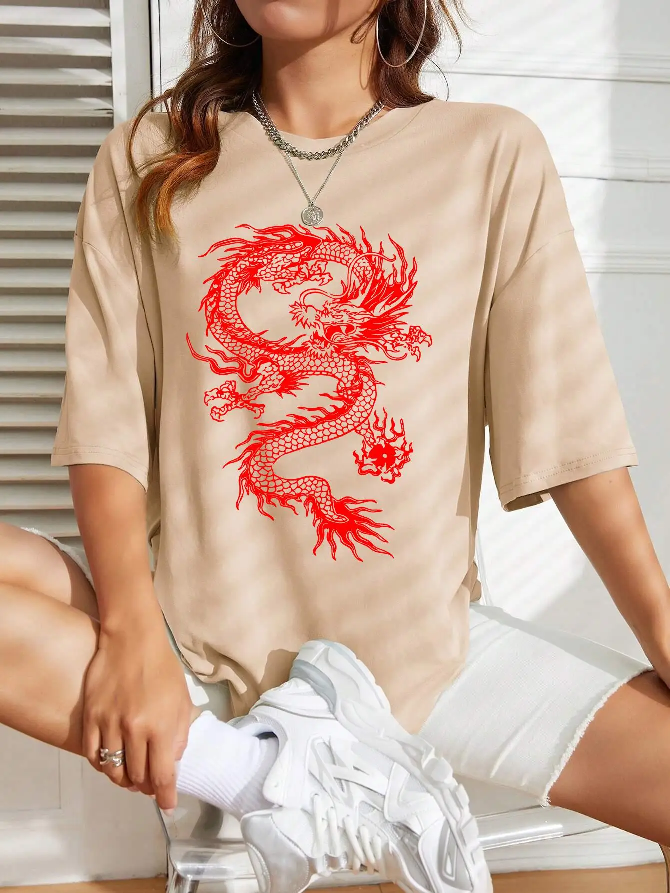 Creative Red Dragon Art Prints Women T-Shirt Summer Casual T Shirts Street Hip Hop Short Sleeve Breathable  Comfortable T Shirt