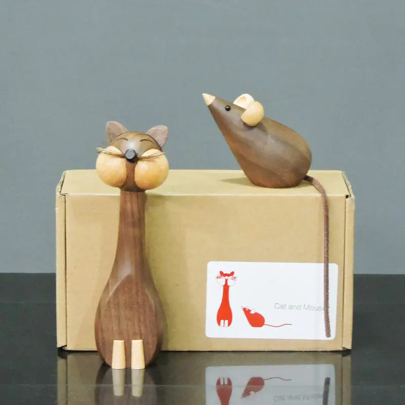 Handmade Nordic Rod Puppet Set, Whimsical Cat and Mouse Character Sculptures, Artisanal Model Home Decor & Conversation Piece