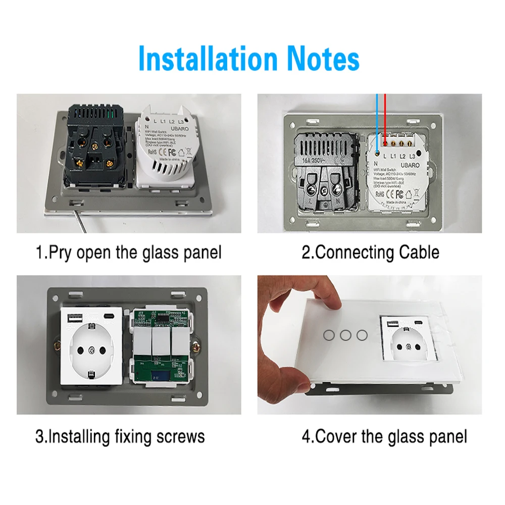 UBARO-Panel de vidrio templado para pared, Interruptor táctil y toma de corriente eléctrica de 146 V, 16A, botón con Sensor de lámpara, 250V, 220x86mm