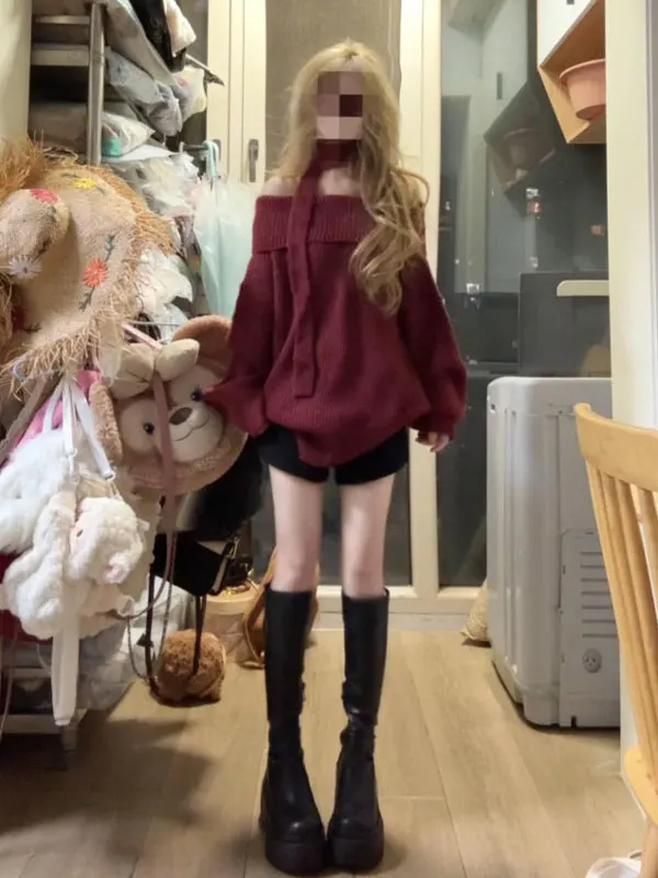 

Red One-oulder Knitted Sweater Unique Cisas Sle Casual Winter Faion Women's Long Sve Neline Top Quali Knitwear