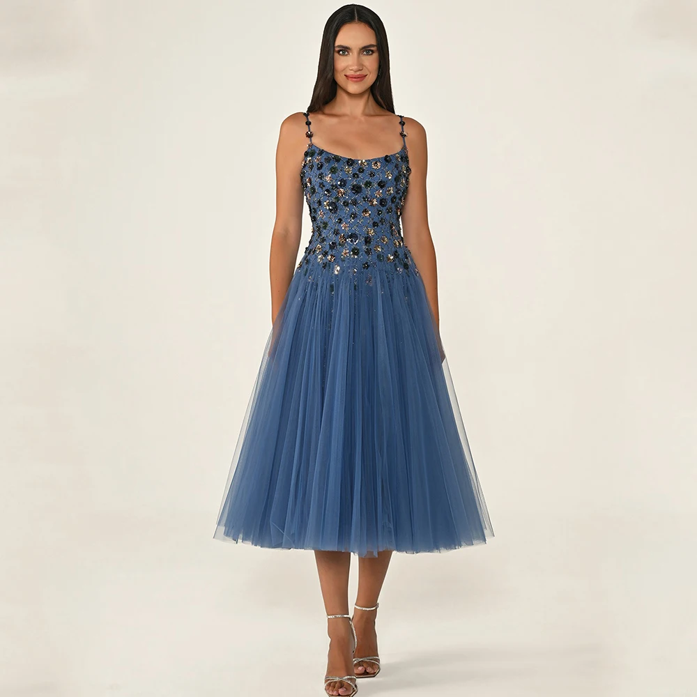 

Arya Customized Tea Length Prom Dress Spaghetti Straps Tulle Sleeveless Classic A-Line Flowers Lace Women Occasion Gowns