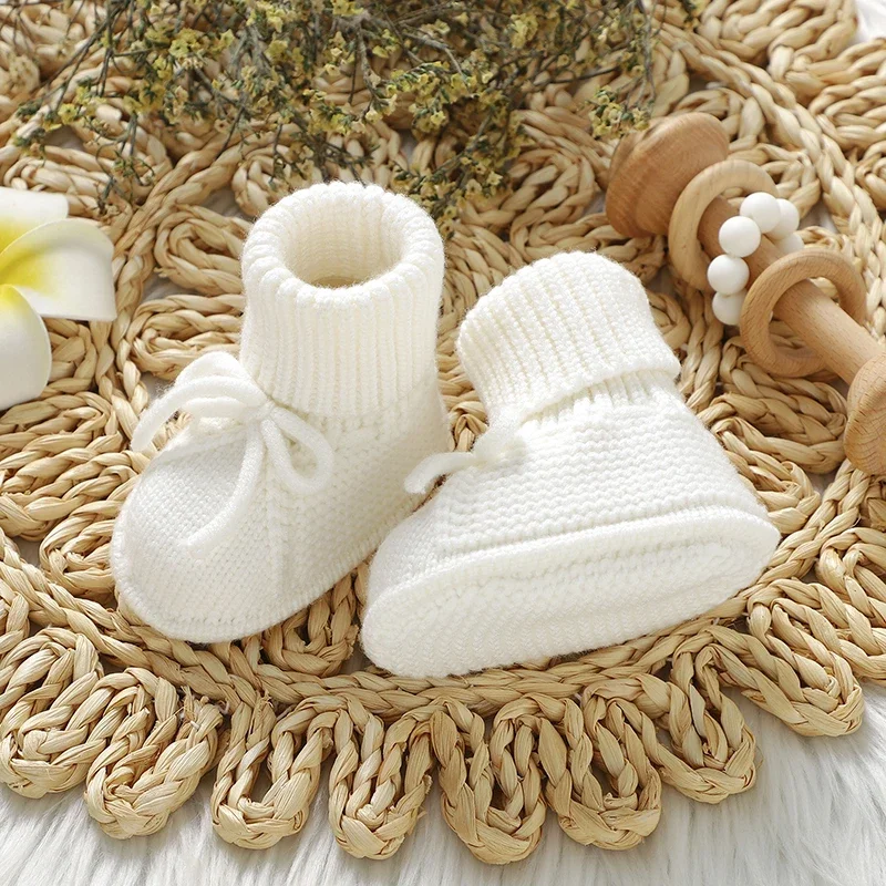 Infant Baby Shoes Knitted Newborn Boy Girl Footwear Fashion Tie Bow 0-18M Toddler Clothes Accessories First Bed Boots Super Soft