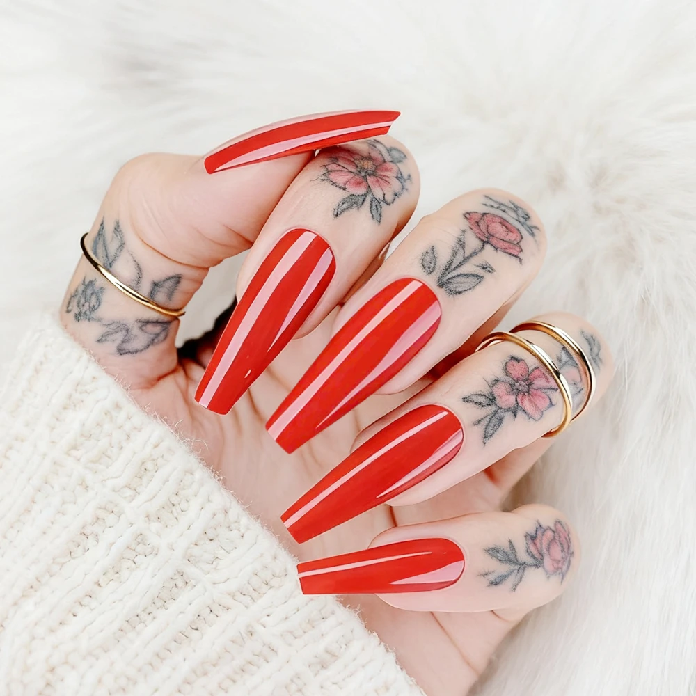

Shiny Red Fake Nails With Glue Acrylic False Nails UV Gel Polish Surface Long Ballerina Coffin DIY Woman Manicure Tools