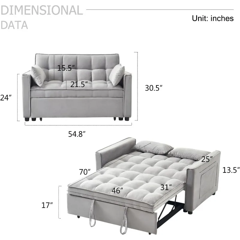 أريكة سرير 3 في 1 مع مساند للذراعين وجيوب تخزين ووسادتين، ومسند ظهر قابل للتعديل، وأريكة سرير لغرفة المعيشة