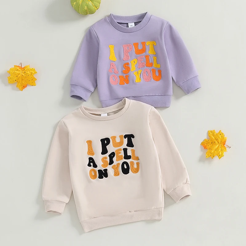 

Baby Girl Boy Halloween Sweatshirts Cute Letters Print O Neck Fall Pullovers Hoodies Children's Clothing