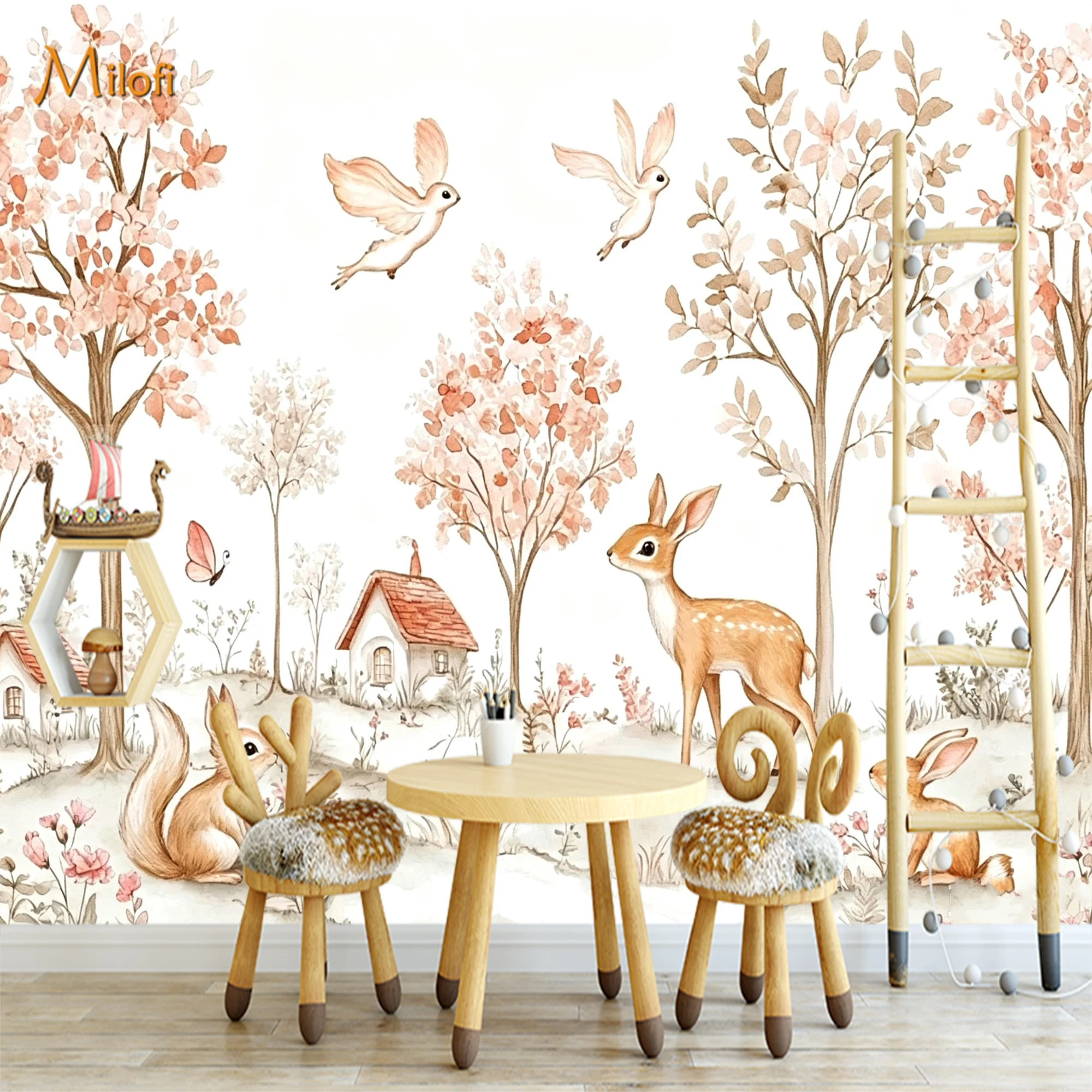 Watercolor Forest Animal Wallpaper Mural, Cute Deer Squirrel Rabbit Wall Decor for Kids Nursery Bedroom