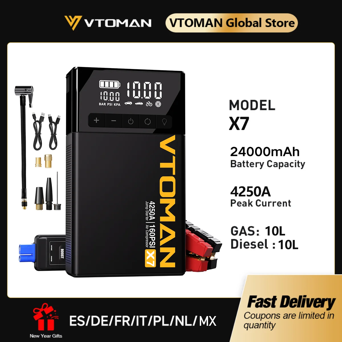 VTOMAN X7 4-in-1-Auto-Starthilfe 4250 A – 160 PSI Luftkompressor, 12-V-Autobatterie-Booster und tragbare Powerbank