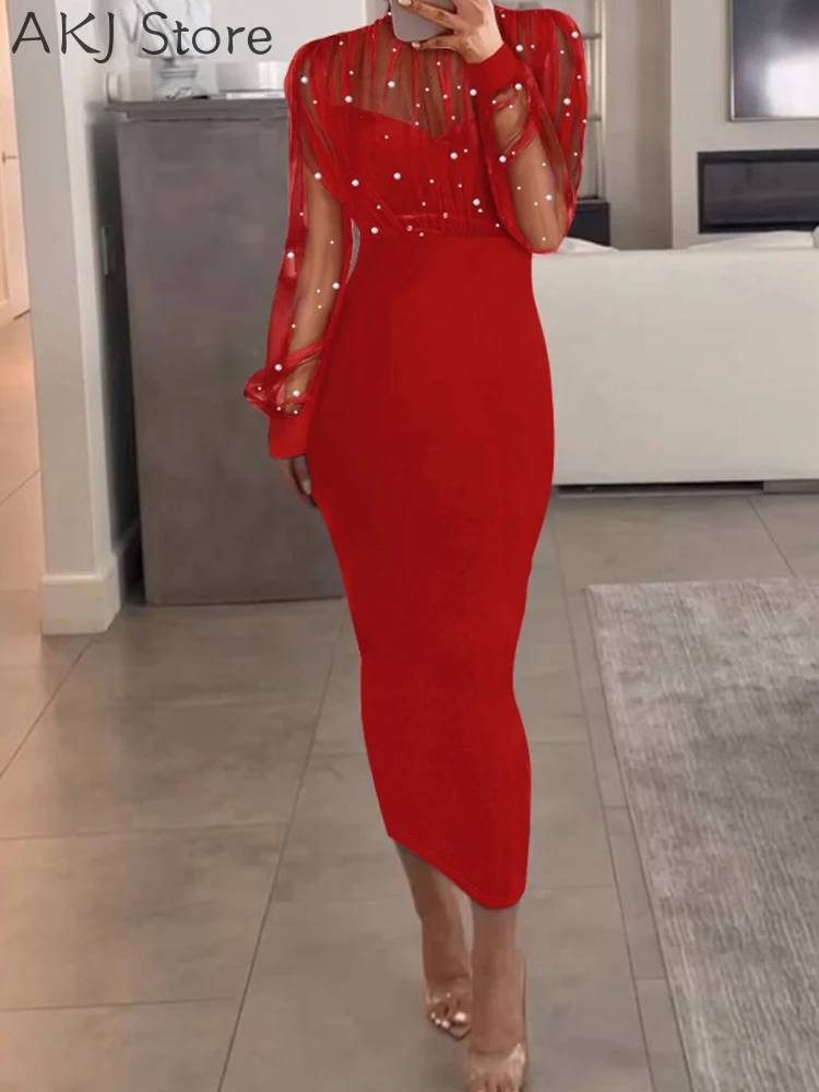 Vestido ajustado con cuentas y retazos de malla transparente sexy para mujer