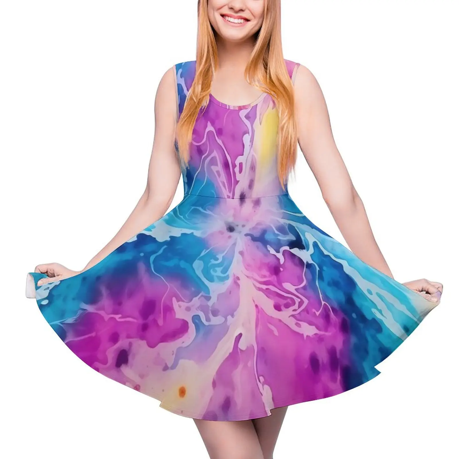 

Watercolor Tie Dye Dress Psychedelic Casual Dresses Womens Boho Skate Dress Summer Custom Vestidos Big Size