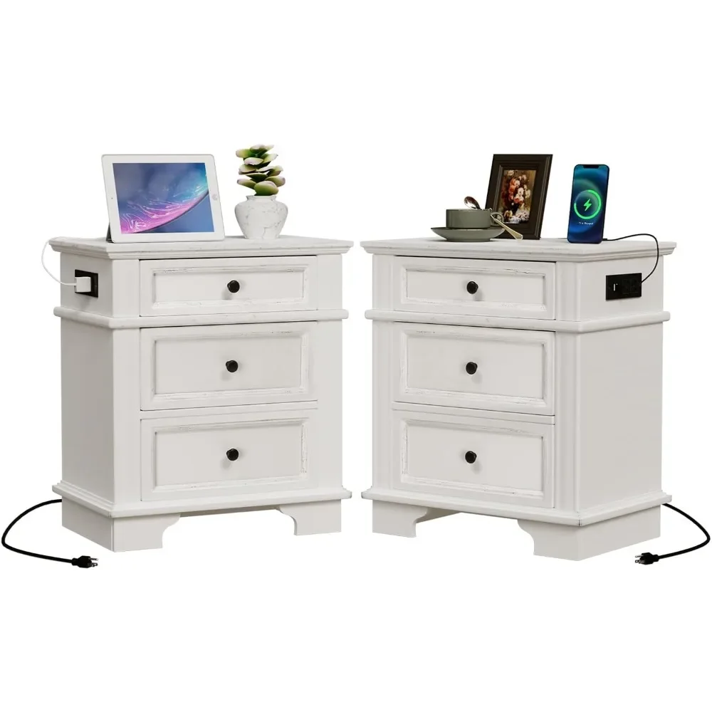 Nightstand Set of 2 with Charging Station 3 Drawer Nightstand with Textured Drawers 24