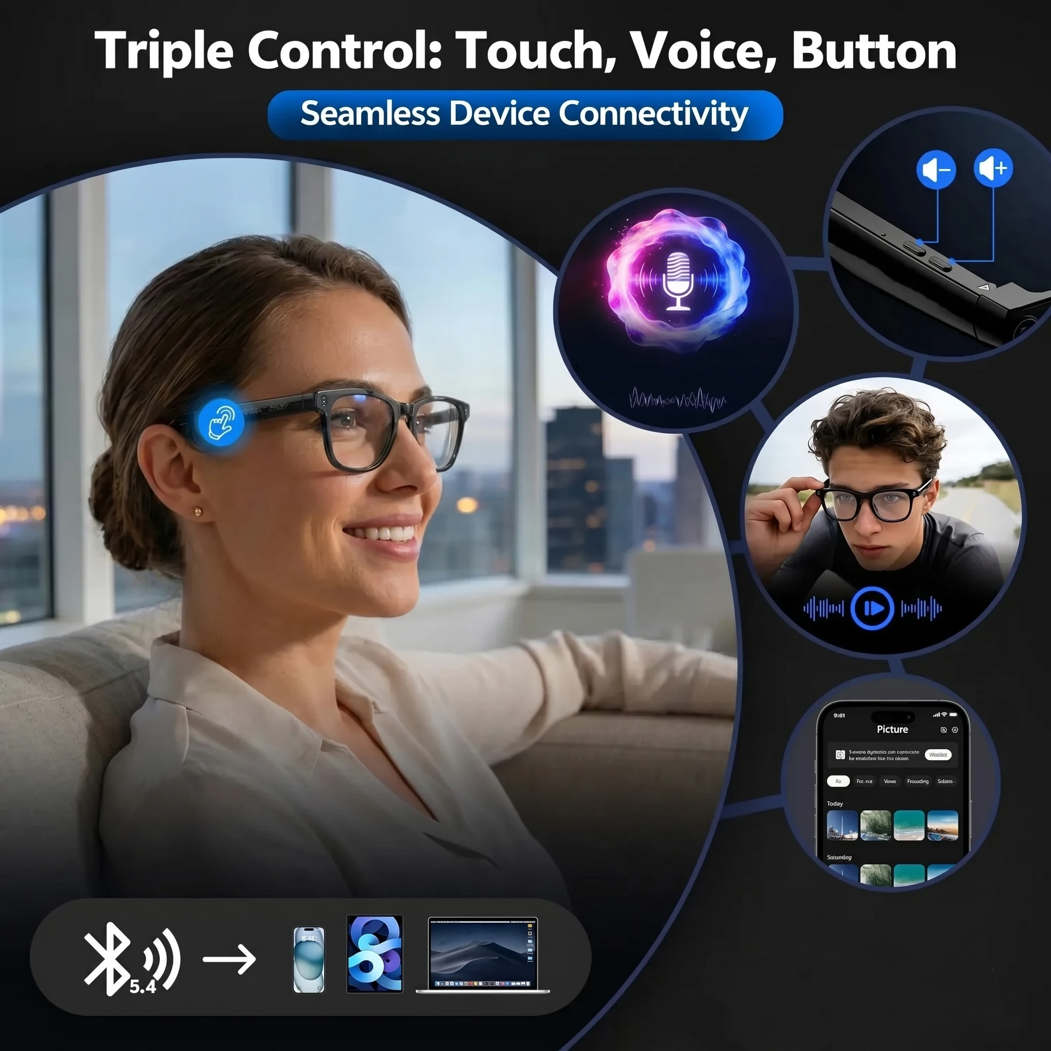 AI Smart Glasses AI Translation Glasses Photo Video Recording 800W Pixel Camera Bluetooth 5.4 Call Waterproof Smart Sunglasses