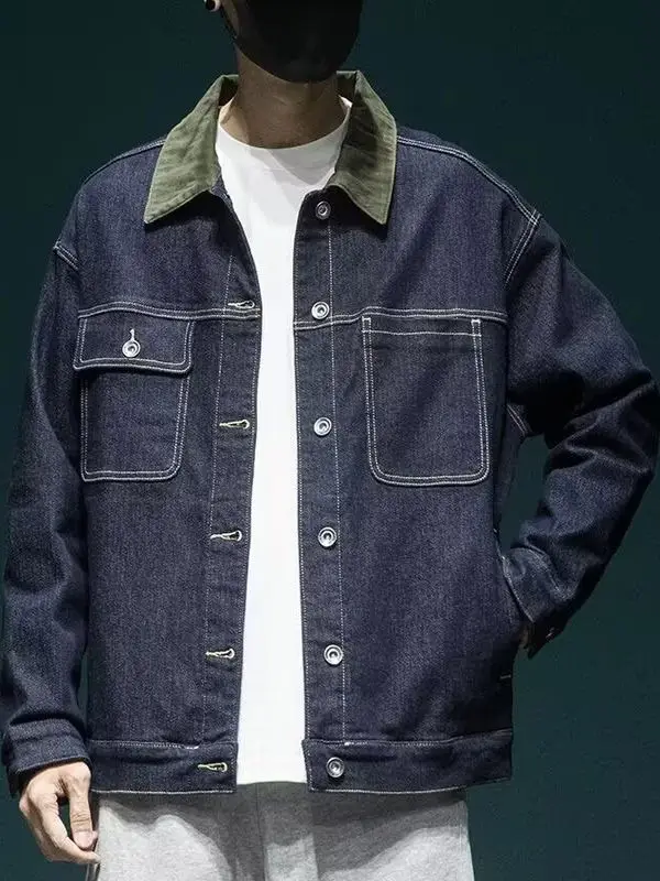 

Loose Fit Men's Denim Jaet Spring Autumn Sle Retro Trendy Workwear Coat Long Sve Youth ular Pure Color Casual Jaet