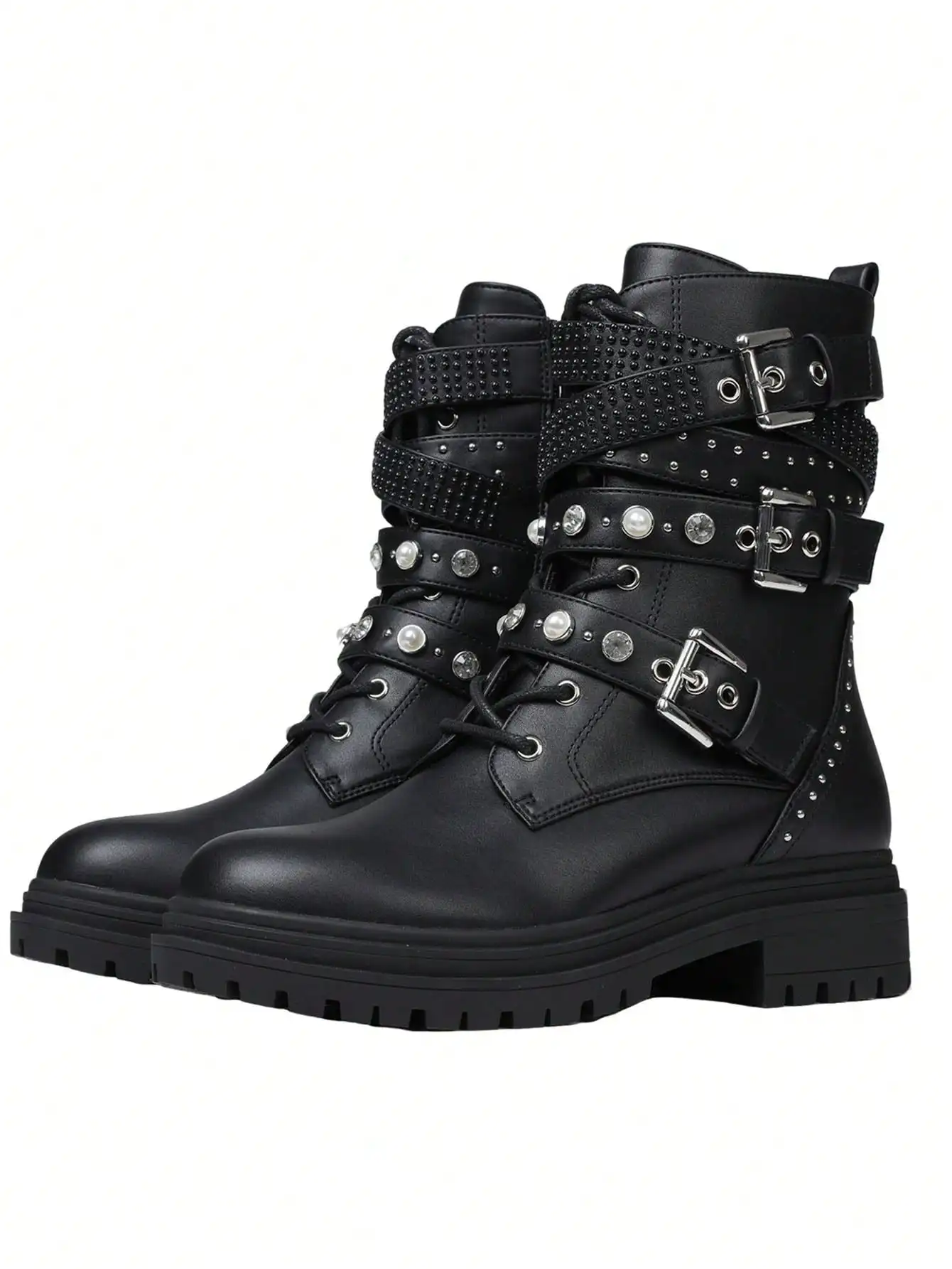 النساء فاسق أحذية قتالية الخريف الكاحل مشبك حزام رصع اللؤلؤ الراين الجانب سستة منصة الدانتيل يصل أحذية الخريف #5