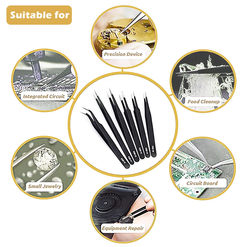 KATWAY Industrial Maintenance Electronic Repair, Stainless Steel ESD Anti-Static Tweezers Set Curved Straight HH-AA04
