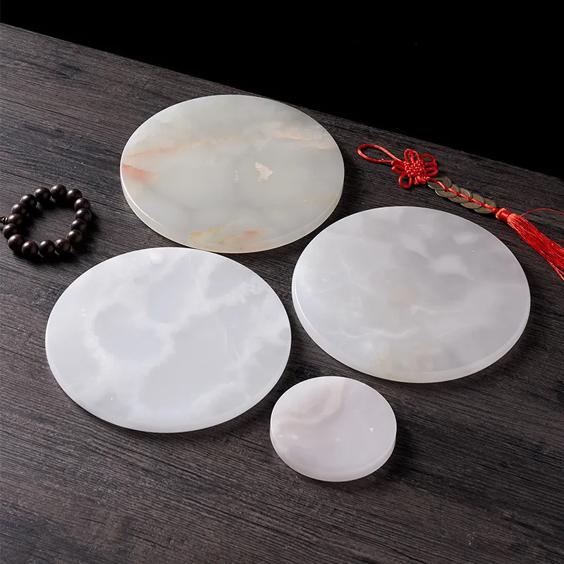 

10cm Round White Jade Desk Decoration Reiki Healing Crystals Cup Mat Aromatherapy Raw Mineral Stones Aesthetic Room Decor Gifts