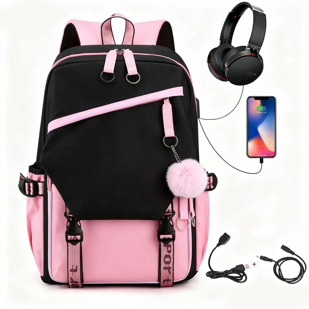 

Cute School Bag for Students Laptop Computer Backpack Harajuku Style Business Travel Hiking Bag for High School College Dual Sho