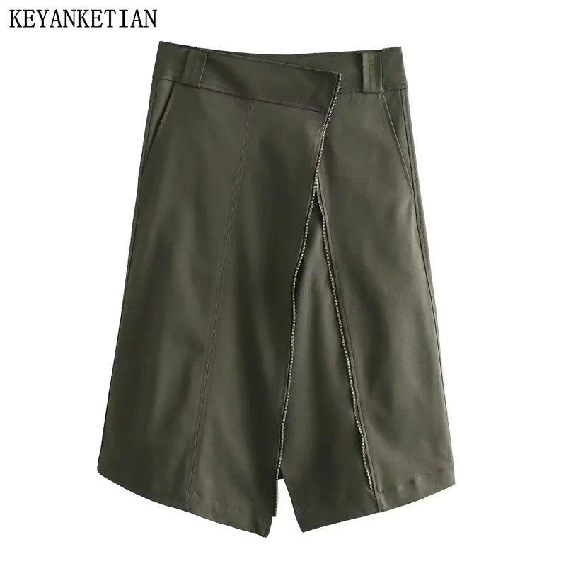 

KEYANKETIAN Autumn New Women's Asymmetrical Zip-up Slit Design Army Green High-Waisted Mid-Length Skirt Fashion A Line Skirt