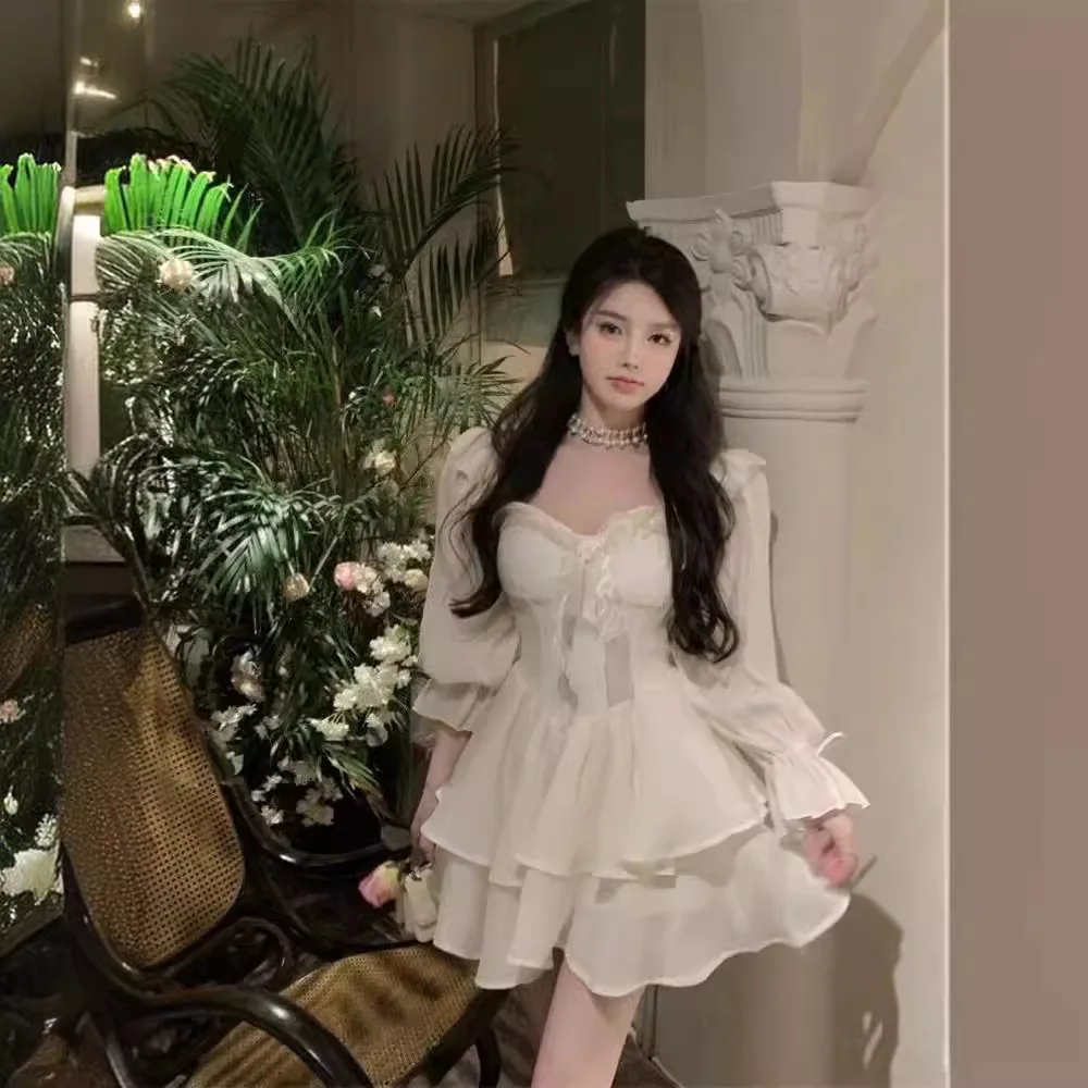 Tea Break Dress Summer Women Strapless French Style Tweed Dresses Sweet Fairy Princess White Mini Elegant Party Vacation