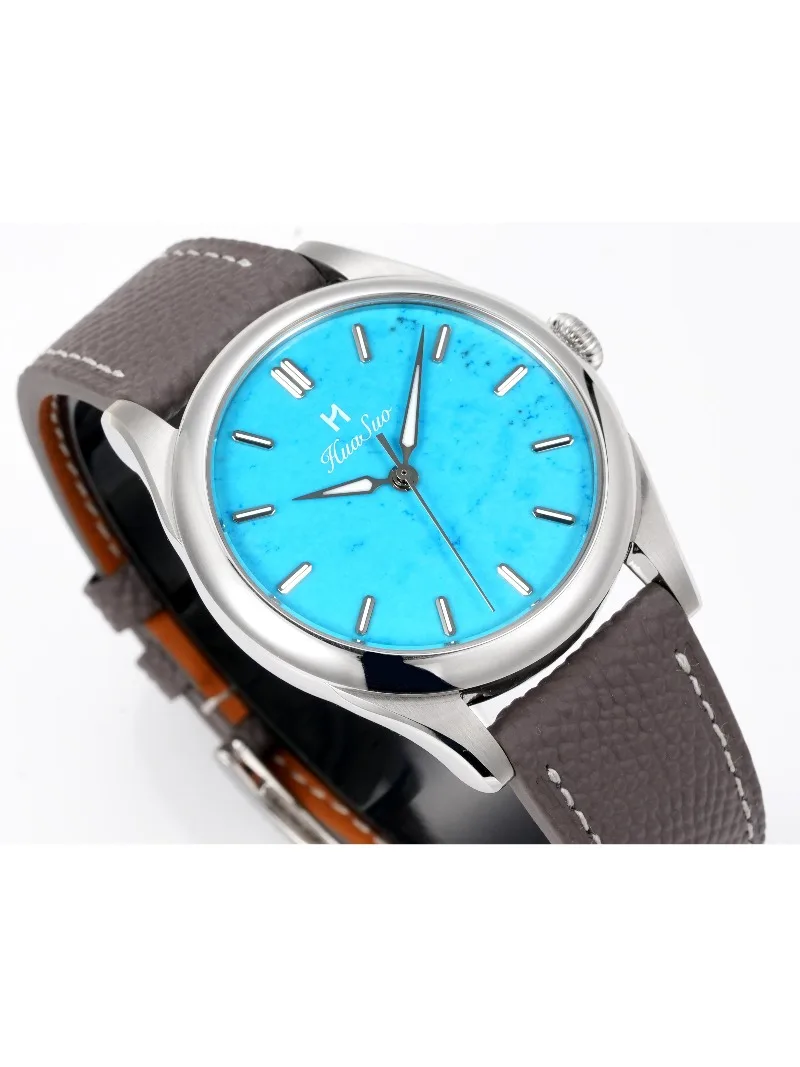 Huasuo Men Mechanical Watch Natural Gemstone Turquoise Black Agate Dial Leather Strap Light Luxury Premium Wrist Watch