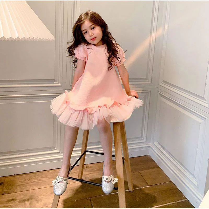 Baby Girls Dresses Spring Autumn Summer Pink Mesh Prinscess Short Sleeve Dress Children Clothing Girls Casual Dresses For 1-12y