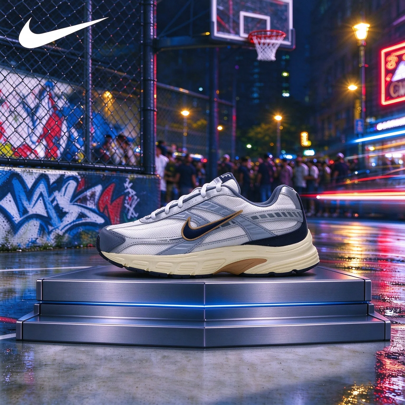 Nike Initiator, Silver Gray and Navy Blue, Retro Running Shoes, Thick Sole, Mesh Io7609-101
