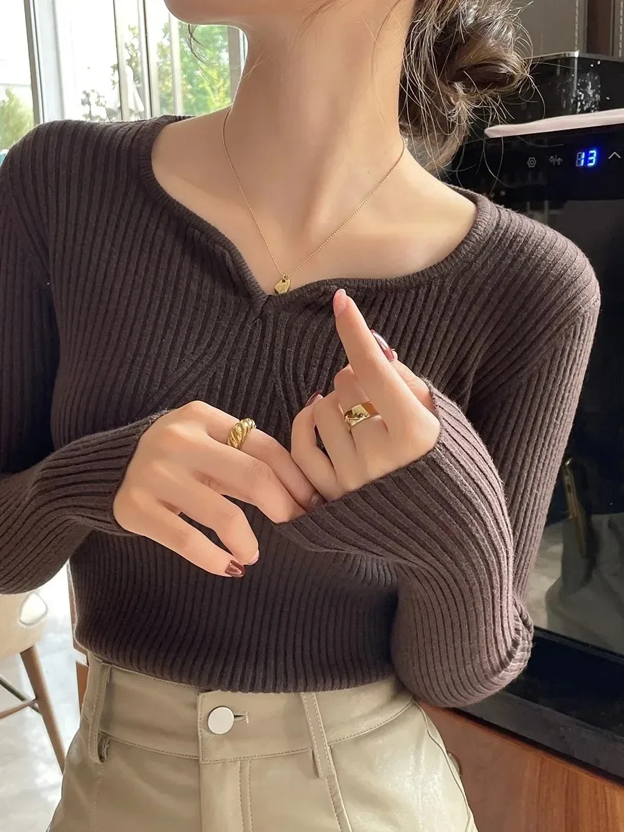 2025 Jersey básico con cuello en V elegante Otoño Invierno para mujer suéter acanalado de punto ajustado de manga larga Badycon suéter de alta calidad
